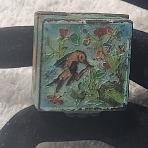 Vintage Chinese Cloisonne Enamel Miniature Pill Box Bird Floral Turquoise China